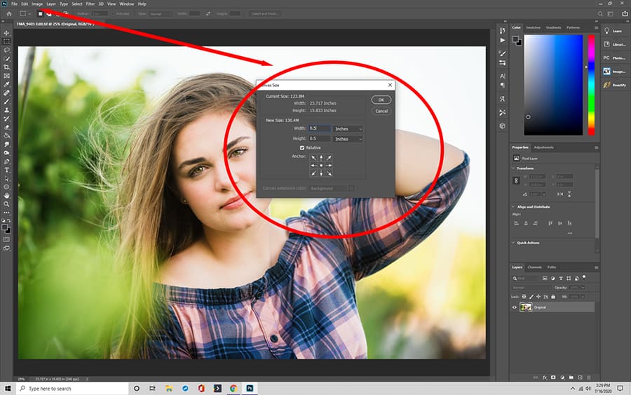 Fill out the canvas size dialog box in Photoshop